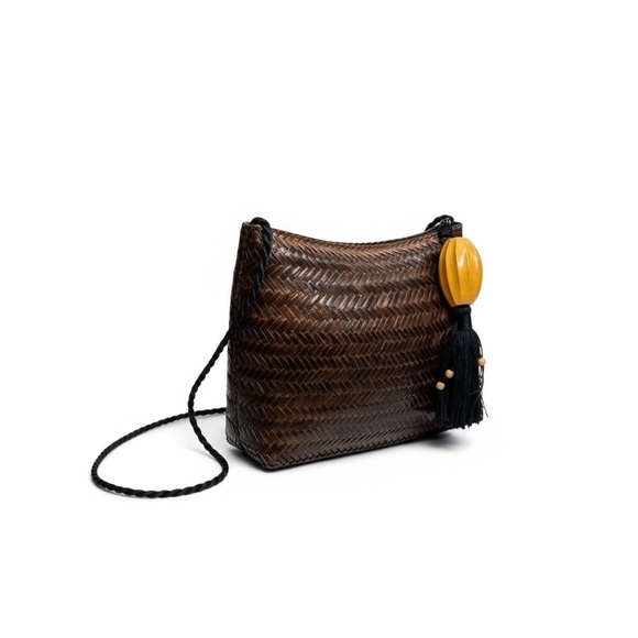 Vintage: Genie ꧁ Woven Straw Shoulder Bag Handbag ꧁ Wood Bead Tassel ꧂ Brown - Picture 15 of 16